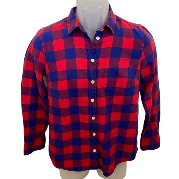 J CREW Red & Blue Plaid Shirt Boy Fit Women PS Petite Small - Picture 1 of 5